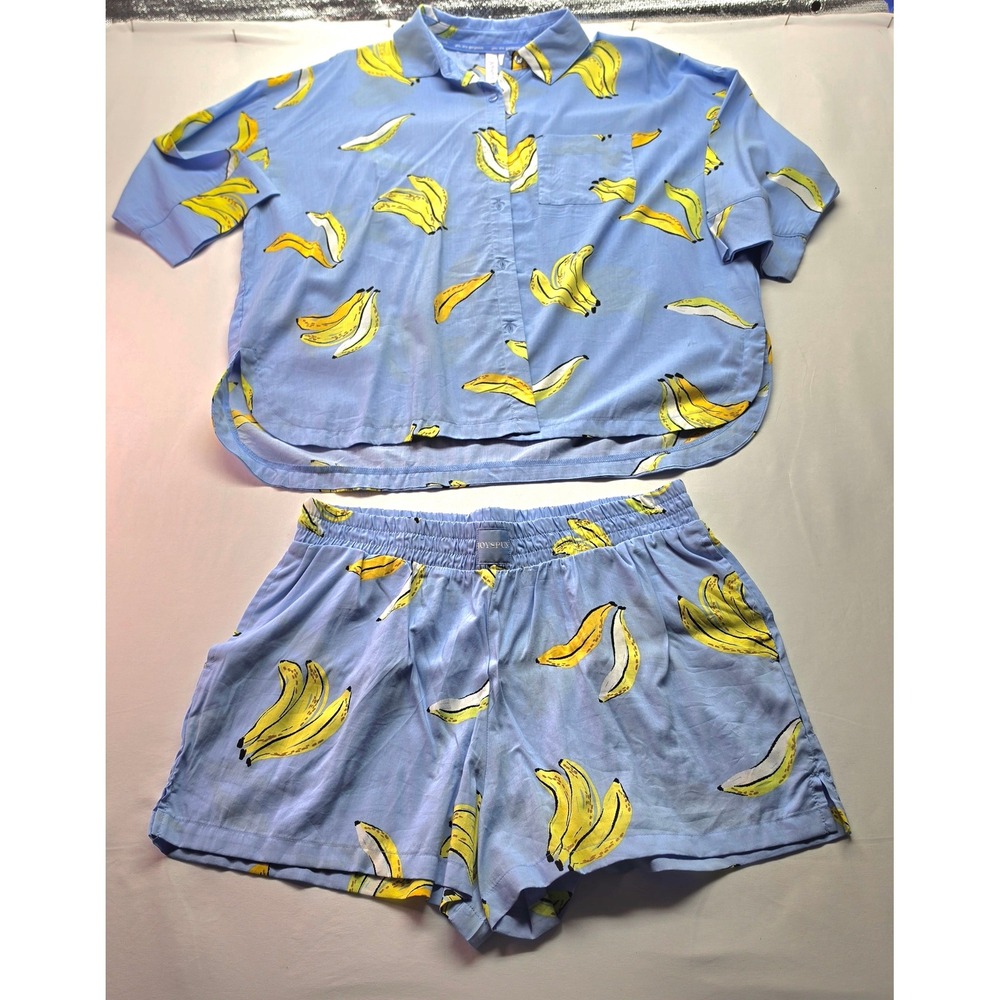 Joyspun Women Blue Banana Print Pajama Set Short Sleeve Button Up Shorts Small